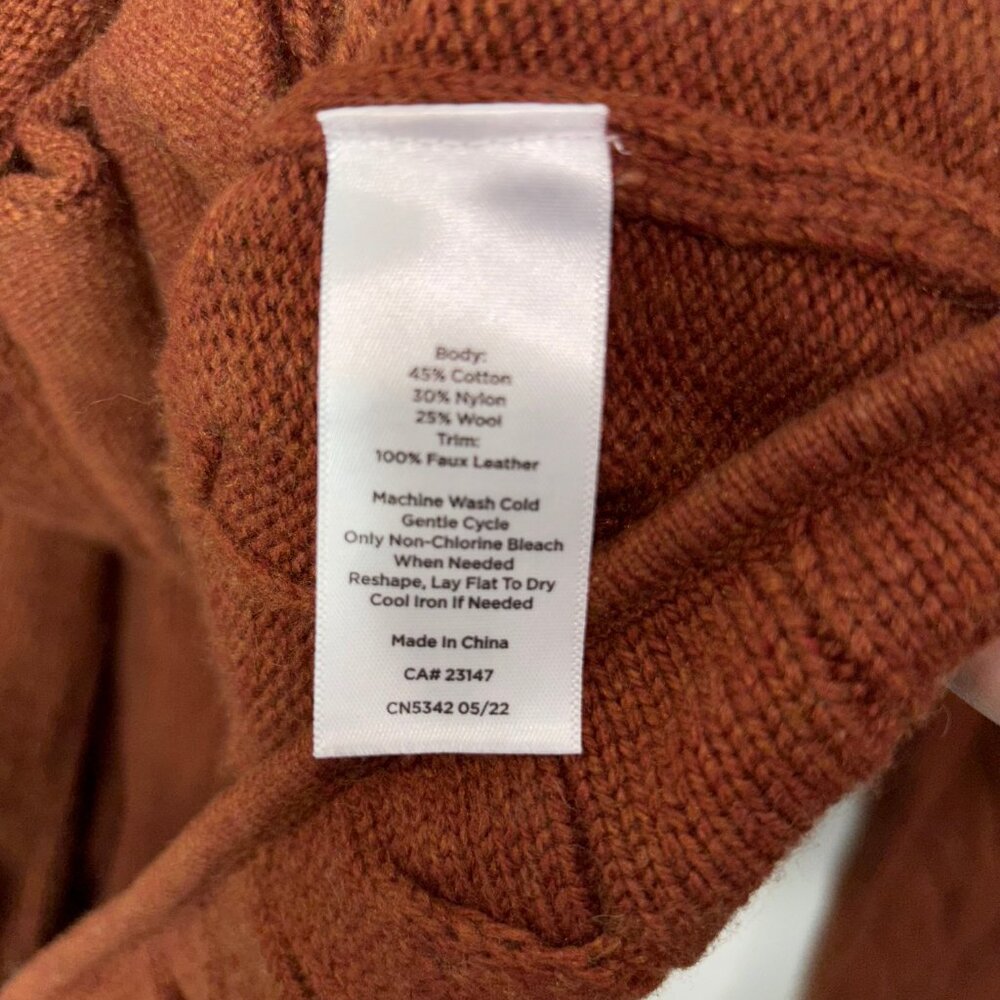 Talbots Wool Blend Cable Knit Cardigan Sweater M Brown Faux Leather Trim - Picture 6 of 14